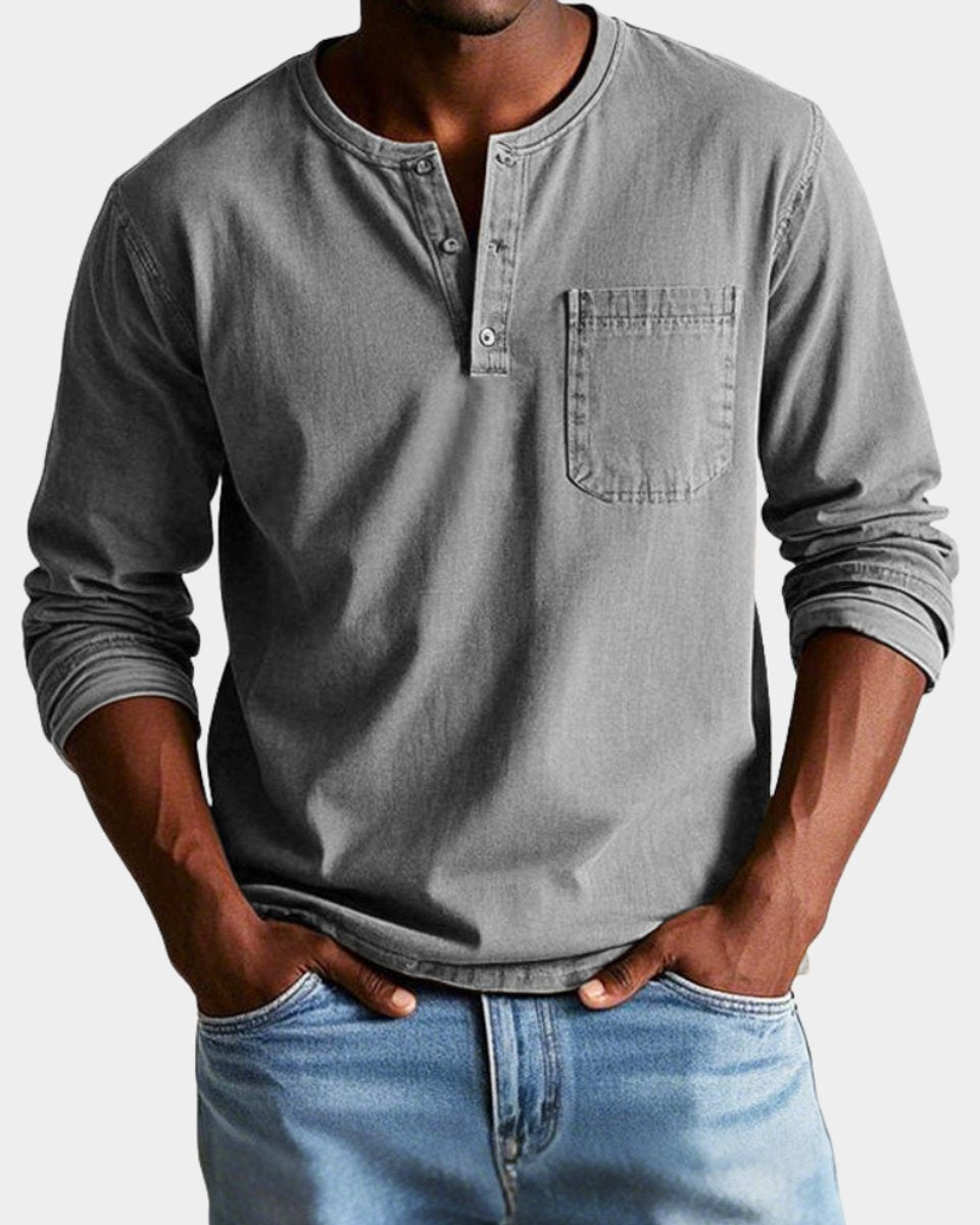 Elias | Herren Vintage Langarm Henley-Shirt mit Brusttasche