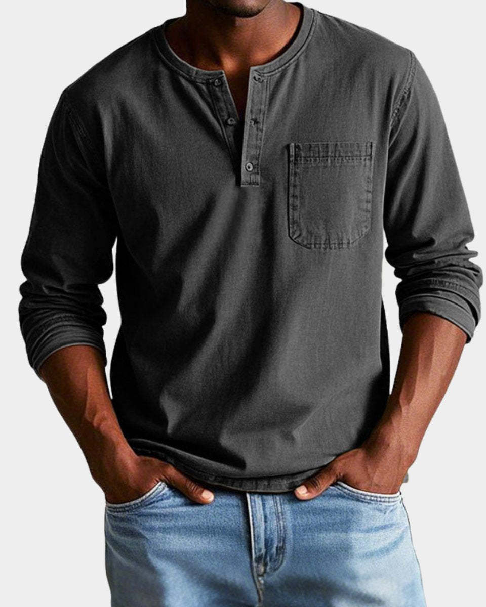 Elias | Herren Vintage Langarm Henley-Shirt mit Brusttasche