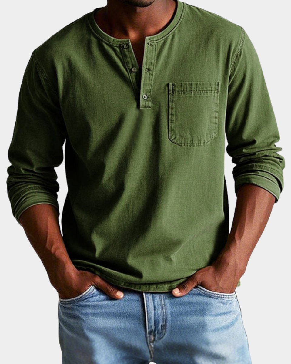 Elias | Herren Vintage Langarm Henley-Shirt mit Brusttasche