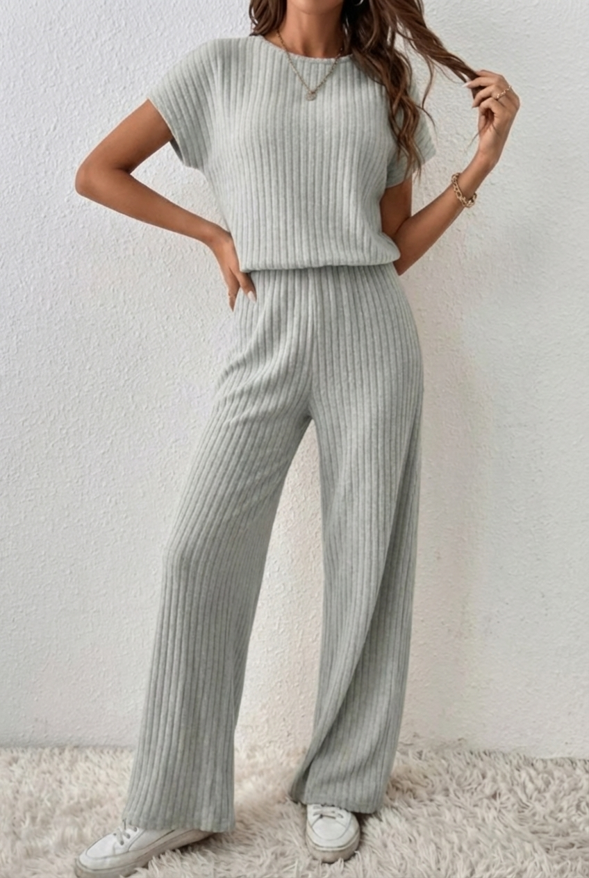 ElevenOra Stilvoller Cremeweißer Reißverschluss-Stehkragen Oversized Kurzarmpullover & Weitbeinige Hose - Geripptes Strick-Zweiteiliges Ensemble