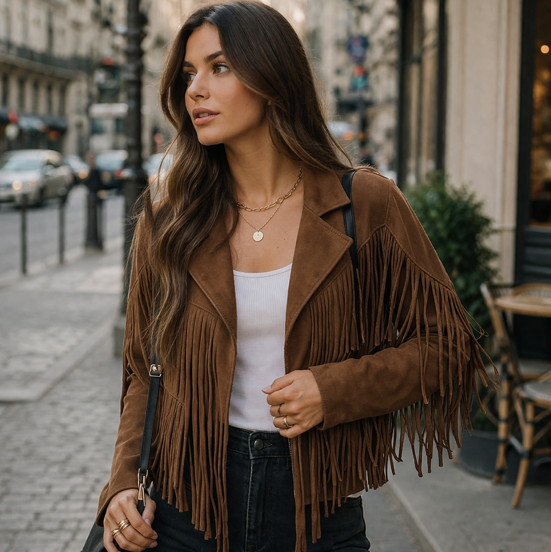 Tanja | Damen Braune Wildlederjacke Fransen – Wildleder Jacke Fransen Boho 2026