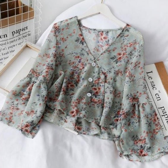 Damen Bluse aus geblümtem Chiffon mit Rüschen fließendem Schnitt - Isadora