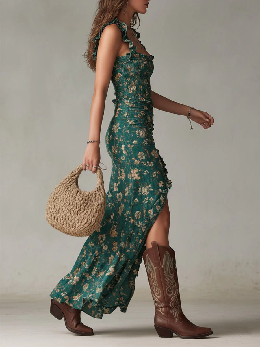 Zara | Damen Retro Boho Maxikleid Fließende Ärmel Seitenschlitz – Boho Maxi