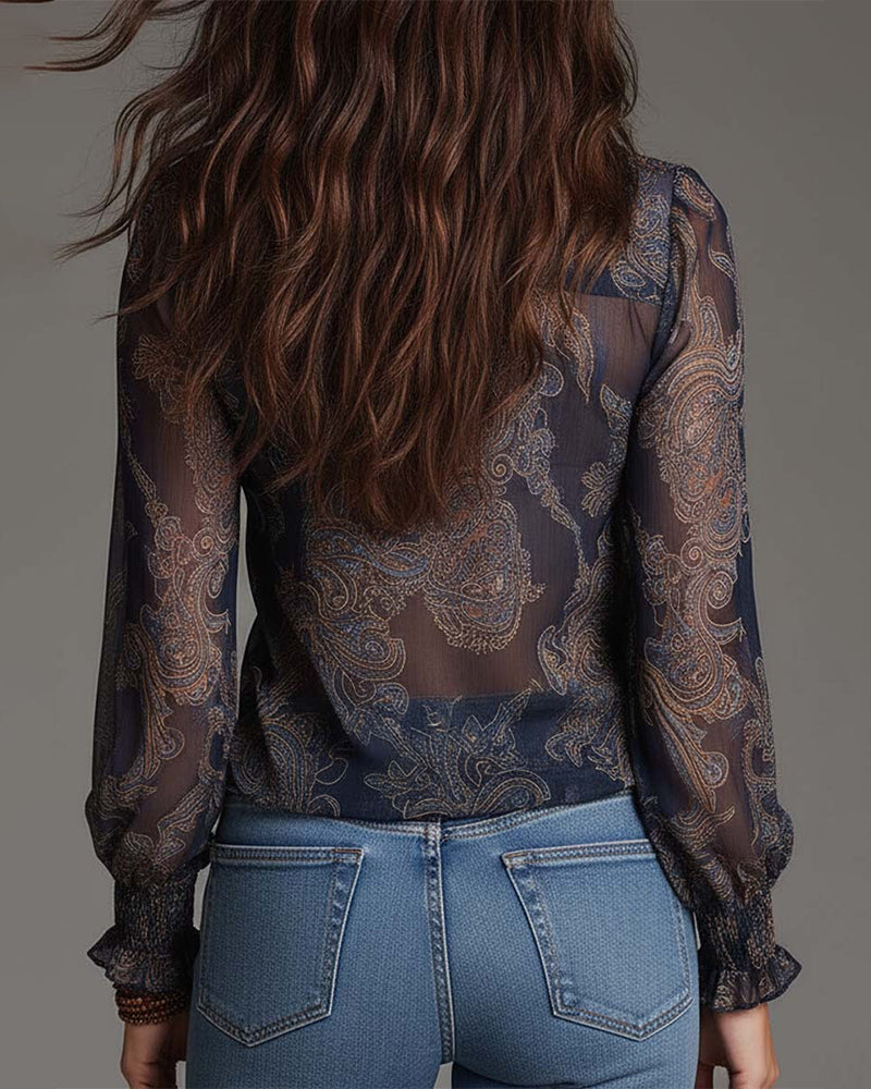 Norayi - Bluse aus Soft-Touch-Material mit Rüschenärmeln, V-Ausschnitt und Print