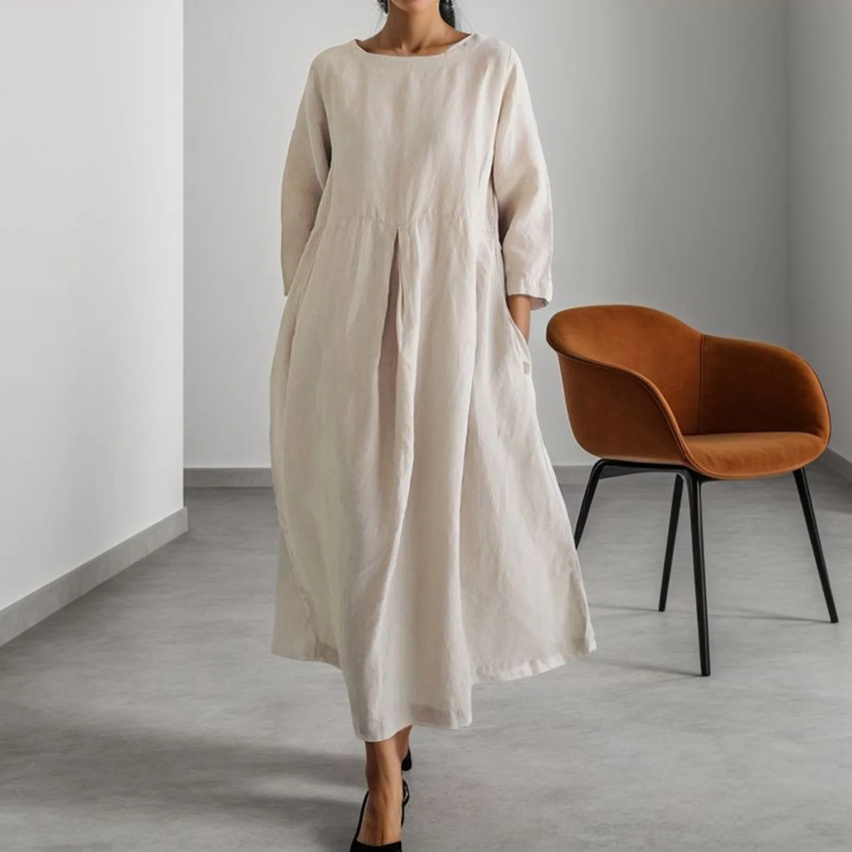 Wibke | Damen Rundhals 3/4-Arm Midikleid A-Linie