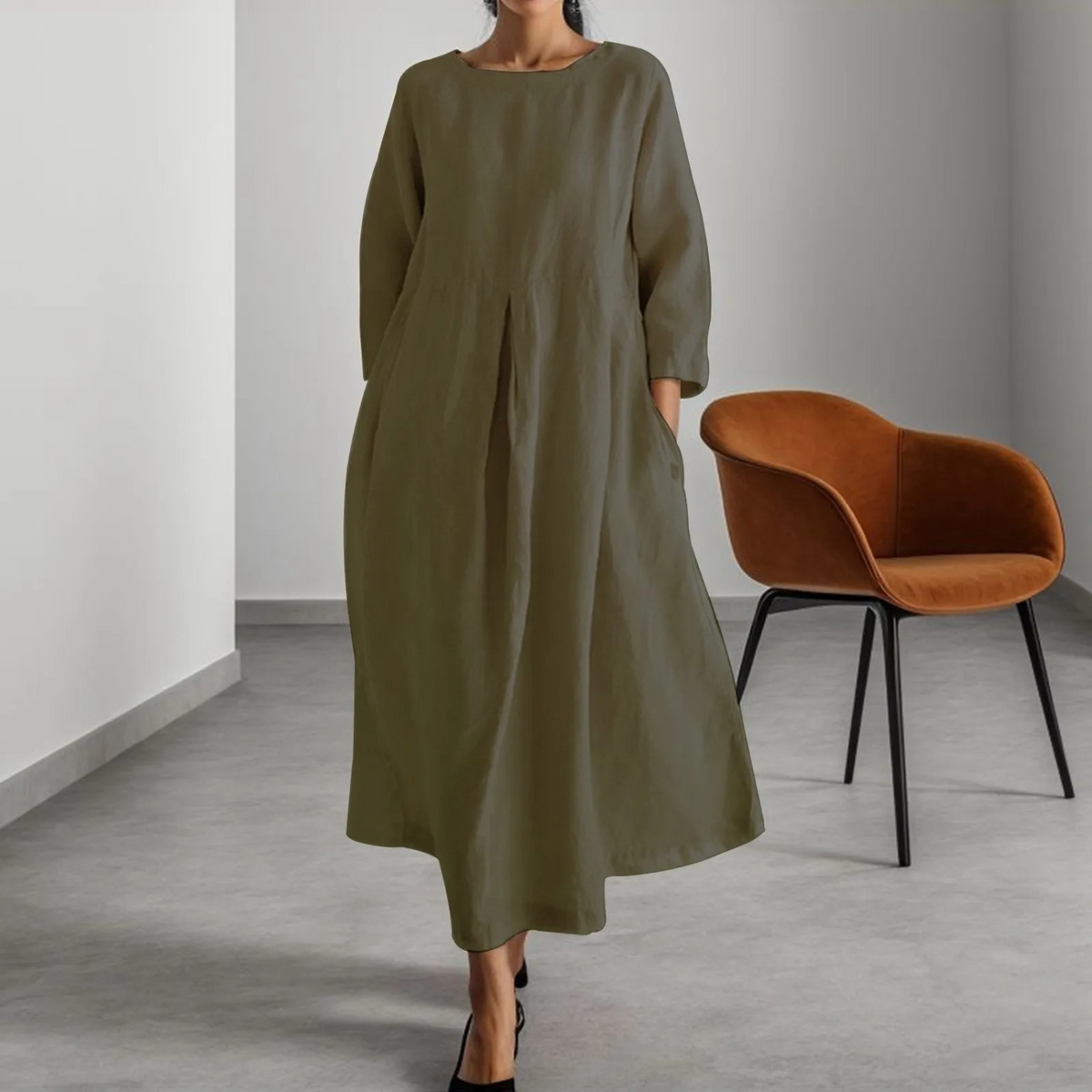 Wibke | Damen Rundhals 3/4-Arm Midikleid A-Linie