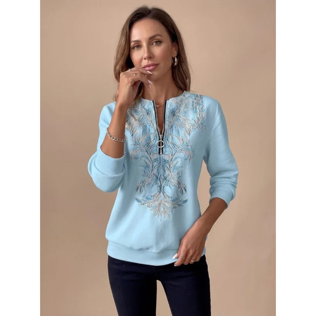 Janina | Damen Pullover mit Reißverschluss und Blumenmuster