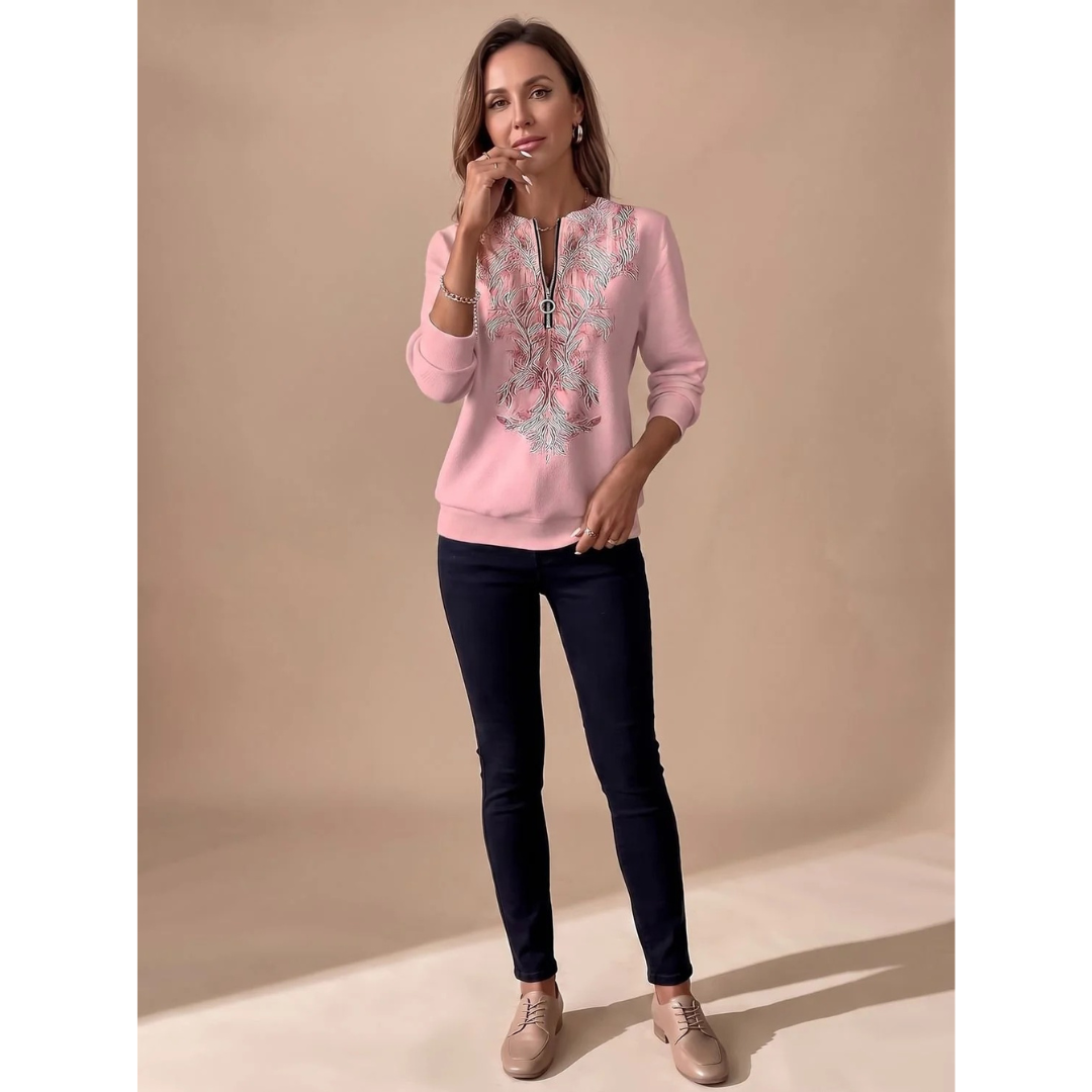 Janina | Damen Pullover mit Reißverschluss und Blumenmuster