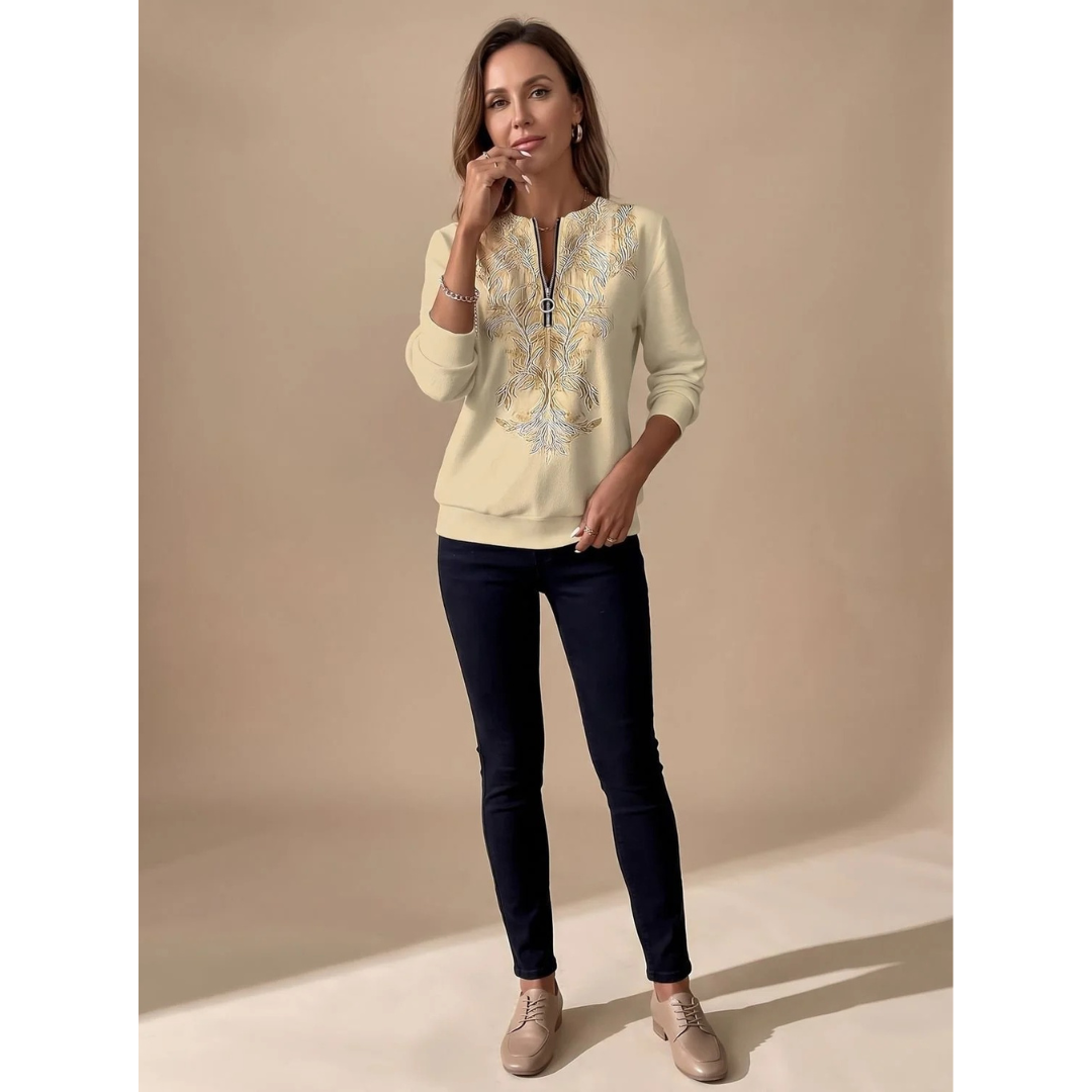 Janina | Damen Pullover mit Reißverschluss und Blumenmuster