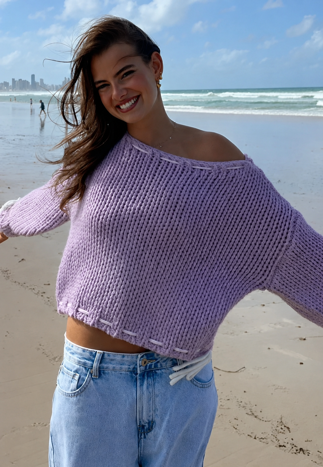 Dickstrick-Pullover für Damen mit U-Boot-Ausschnitt und Schleifen – Léonie