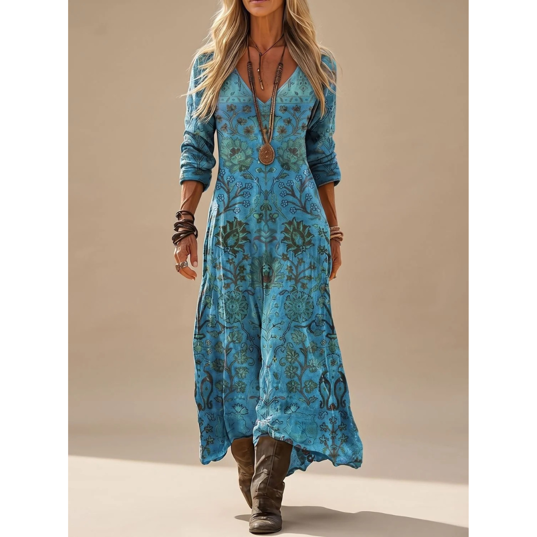 Jolina | Damen Blaues Boho Maxikleid mit Langarm, V Ausschnitt und Vintage Muster