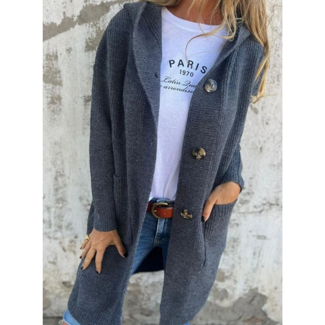 Josefine | Damen Strickjacke mit Kapuze, Knöpfen und langer Form