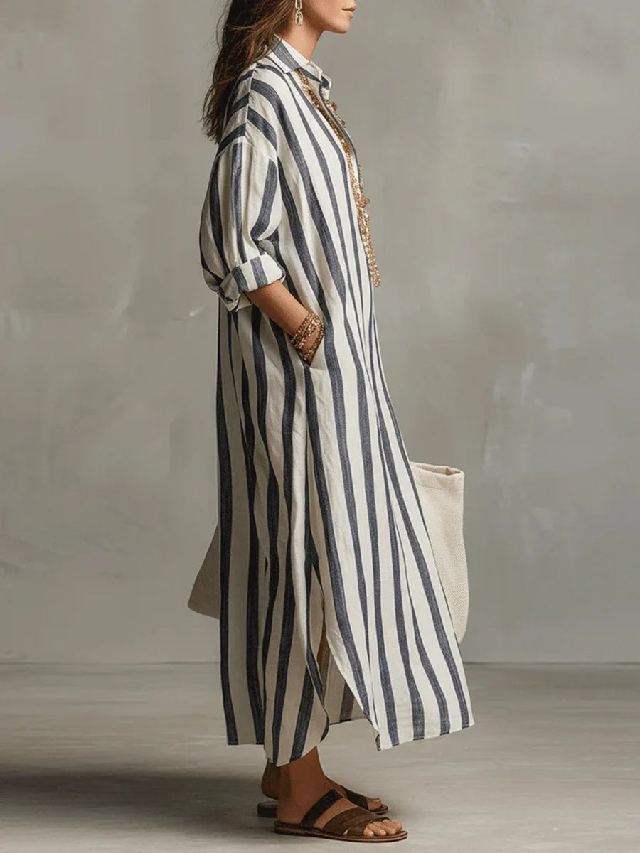 Josephine | Damen Gestreift Langes Hemdblusenkleid