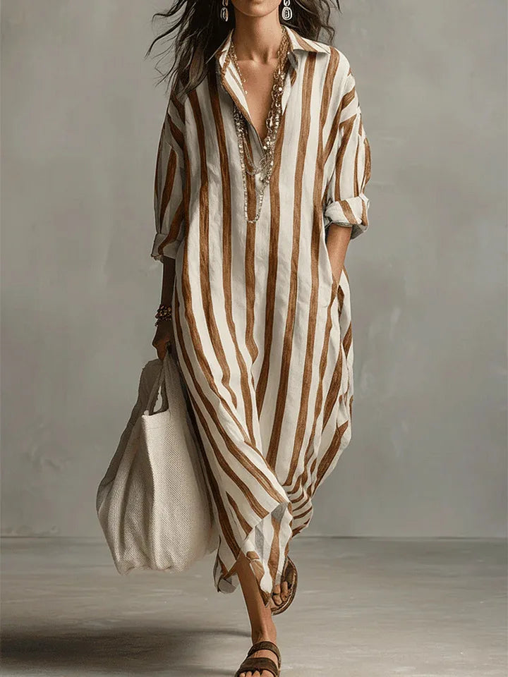 Josephine | Damen Gestreift Langes Hemdblusenkleid