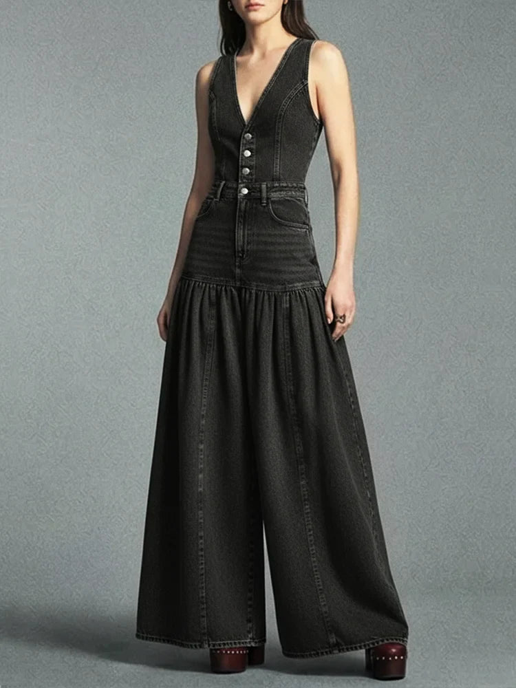 Lässiger Damen-Jeansoverall mit weitem Bein