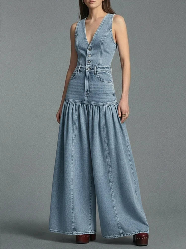 Lässiger Damen-Jeansoverall mit weitem Bein