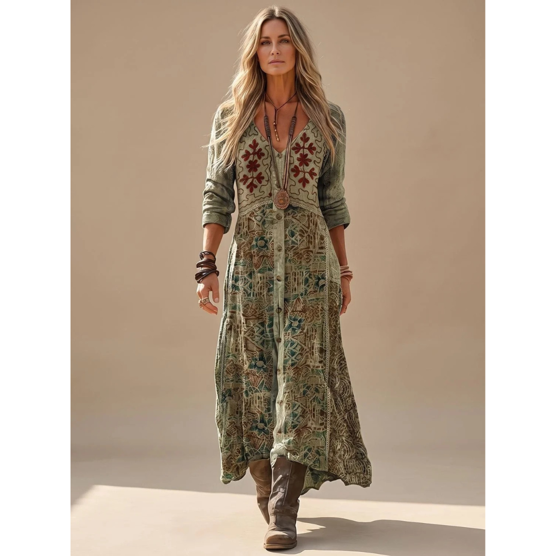 Kalea | Damen Boho Maxikleid mit Langarm, V Ausschnitt und Vintage Muster