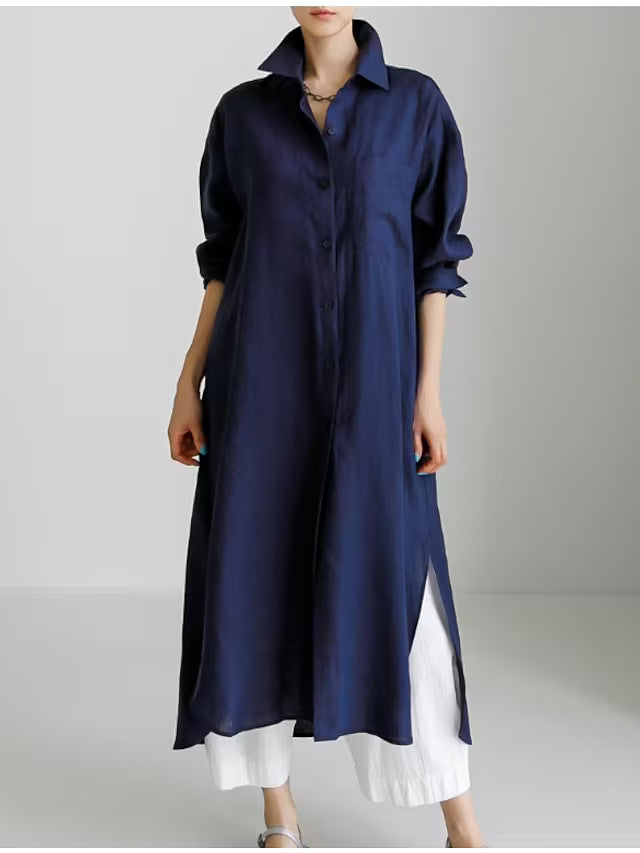 Karolin | Damen Langarm Hemdblusenkleid Midi