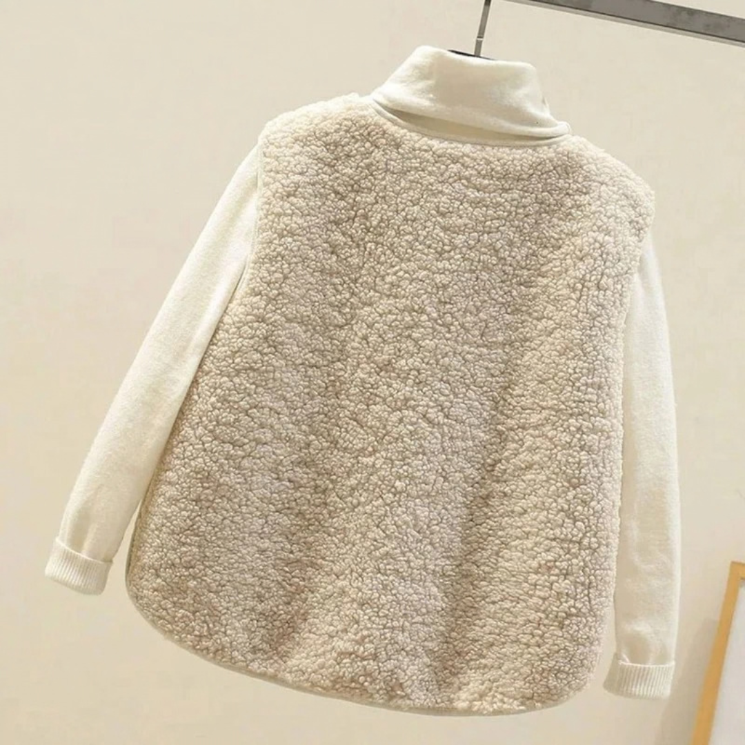Lamia | Damen Weste aus Teddyfleece mit V Ausschnitt und Taschen