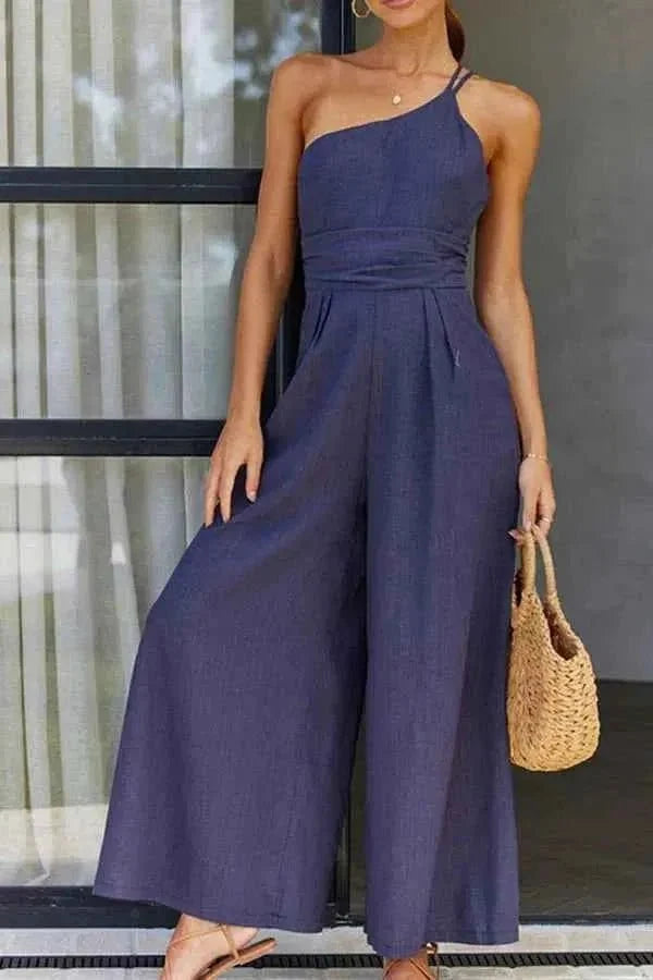 Léa – Eleganter Ein-Schulter Jumpsuit mit weitem Bein & Taillendetail