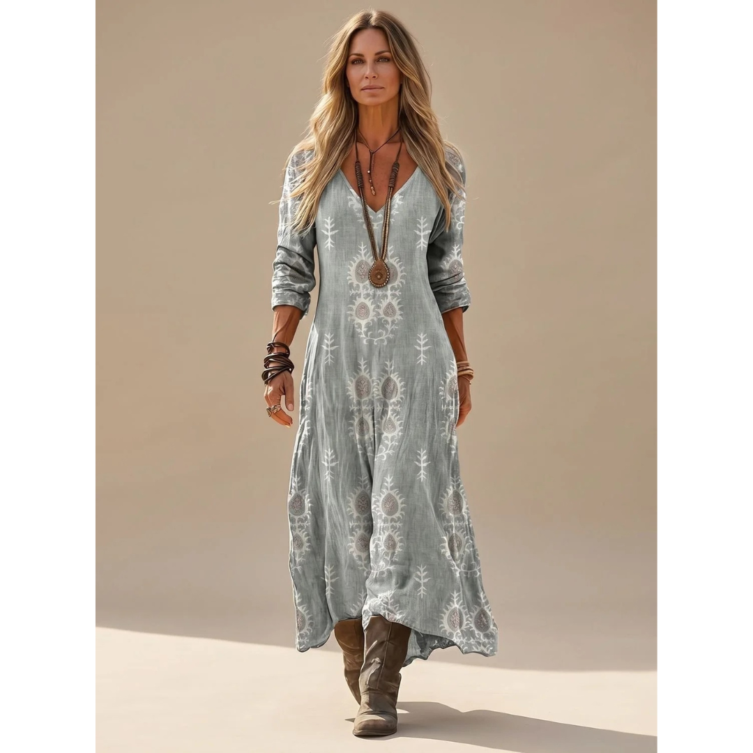 Leana | Damen Boho Maxikleid mit Langarm, V Ausschnitt und Vintage Print