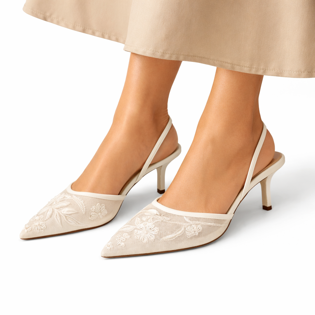 Leandra | Damen Bestickte Slingback Pumps mit spitzer Zehenpartie