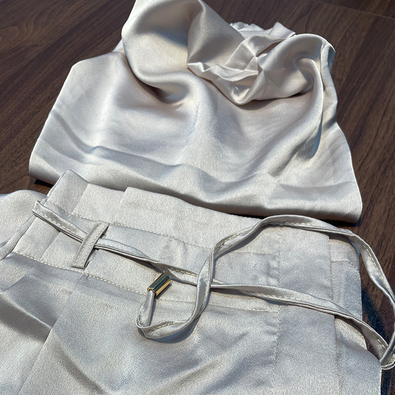 Leona | Damen Zweiteiler Neckholder Crop Top Weite Hose