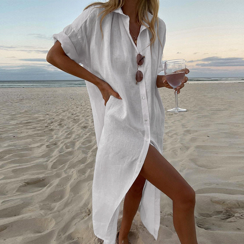 Leontine | Damen Hemdblusenkleid Knopfleiste Midi Strandkleid