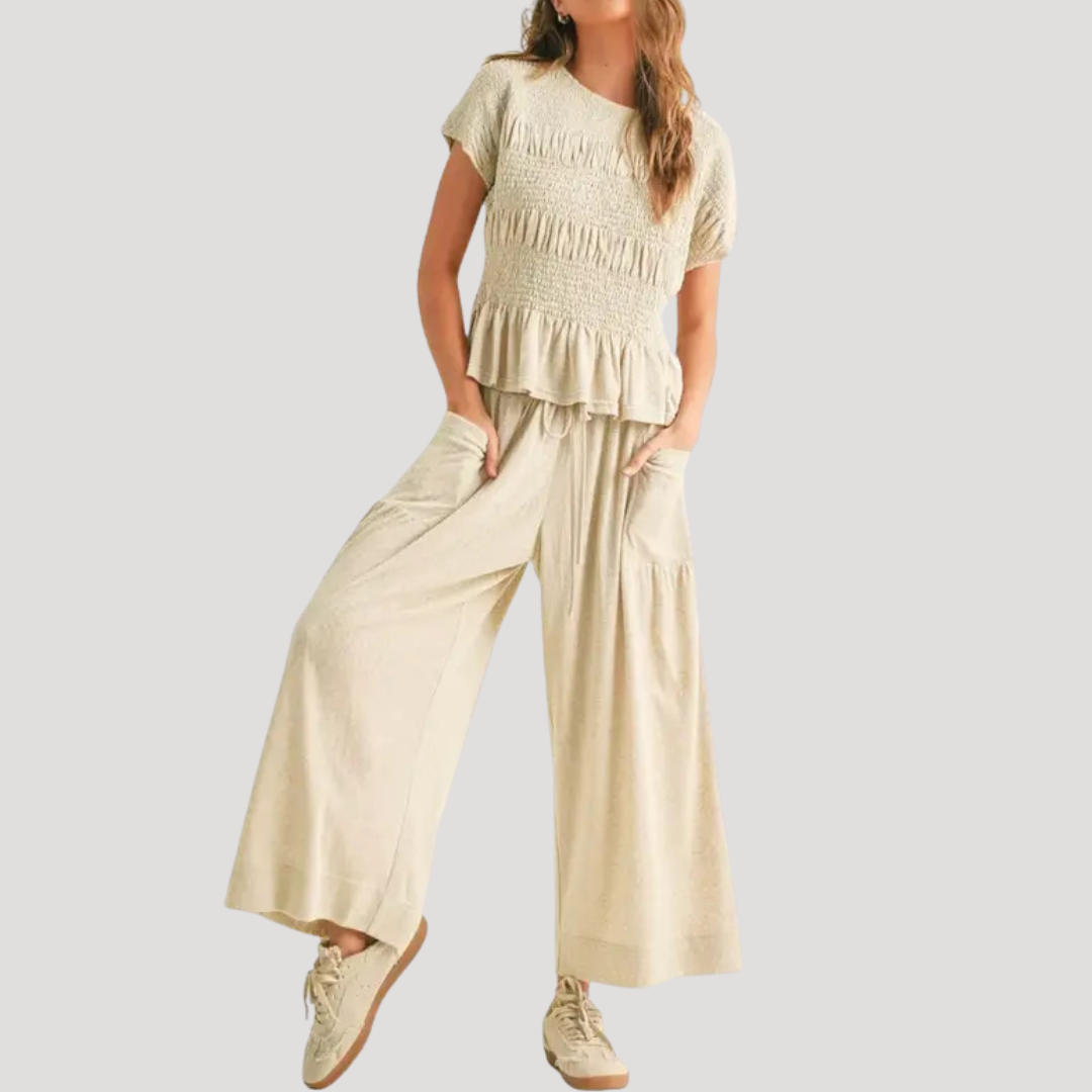 Lillian | Damen Kurzarm Zweiteiler Set Weite Hose
