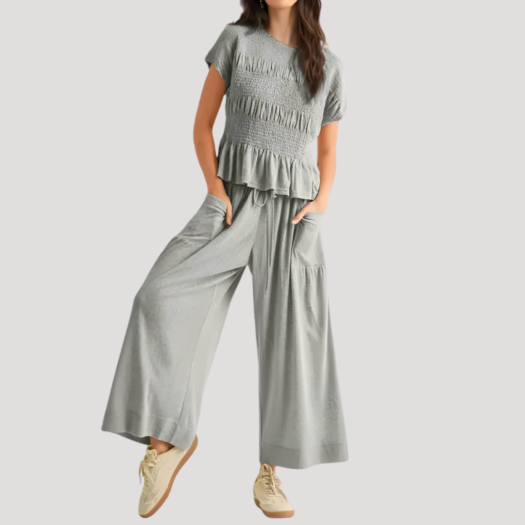 Lillian | Damen Kurzarm Zweiteiler Set Weite Hose