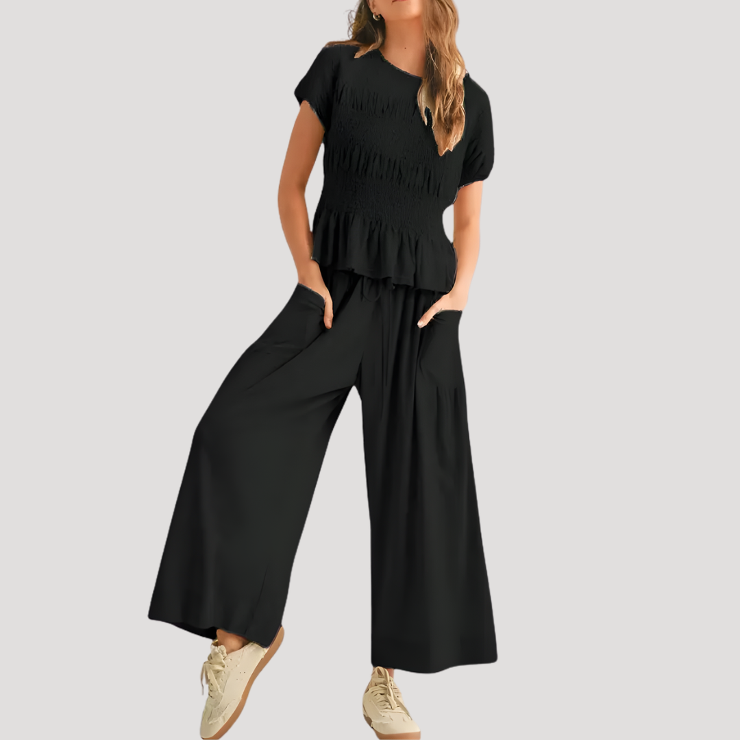 Lirette | Damen Zweiteiler Peplum Top Weite Hose Set