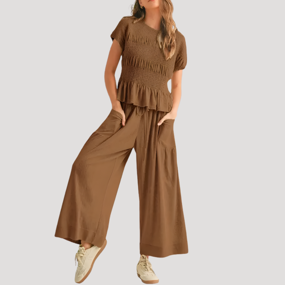 Lirette | Damen Zweiteiler Peplum Top Weite Hose Set