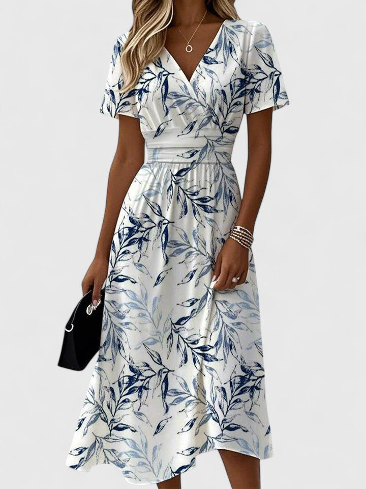 Lorelei | Damen Wickelkleid Blätterprint Midi Kleid