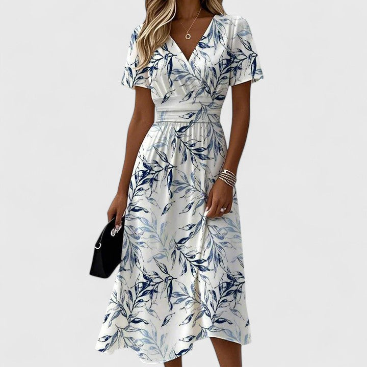 Lorelei | Damen Wickelkleid Blätterprint Midi Kleid