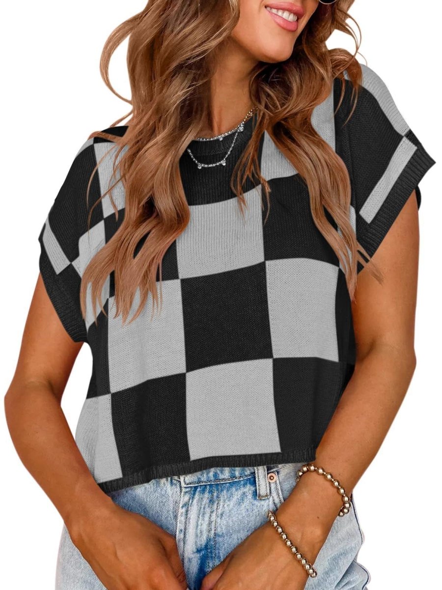 Lotta – Karierter Strick-Crop-Top mit Oversized-Kästchenmuster