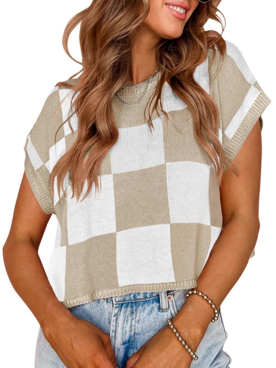 Lotta – Karierter Strick-Crop-Top mit Oversized-Kästchenmuster