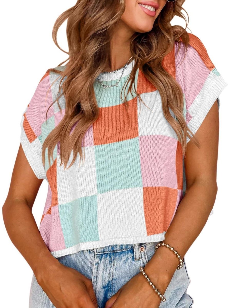 Lotta – Karierter Strick-Crop-Top mit Oversized-Kästchenmuster
