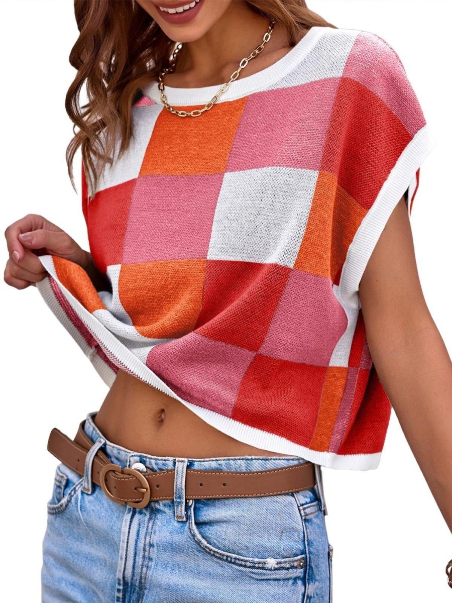 Lotta – Karierter Strick-Crop-Top mit Oversized-Kästchenmuster
