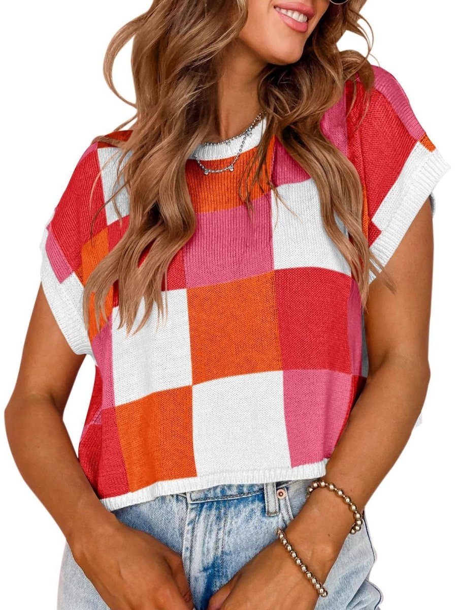 Lotta – Karierter Strick-Crop-Top mit Oversized-Kästchenmuster