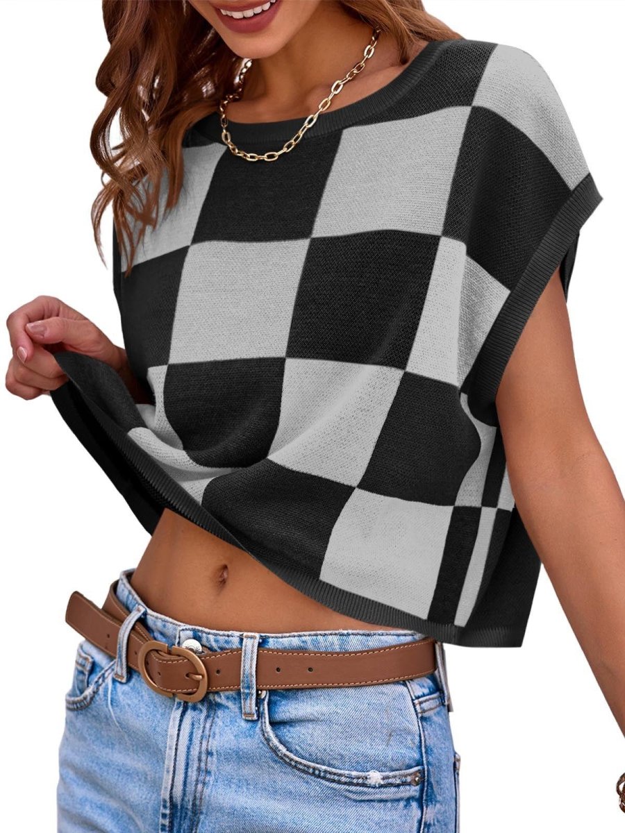 Lotta – Karierter Strick-Crop-Top mit Oversized-Kästchenmuster