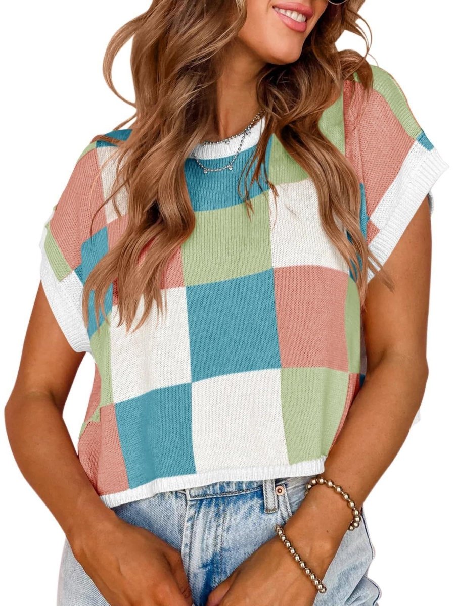 Lotta – Karierter Strick-Crop-Top mit Oversized-Kästchenmuster