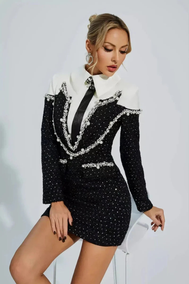 luna – perlenverziertes blazer-kleid mit kragen & glitzer-details