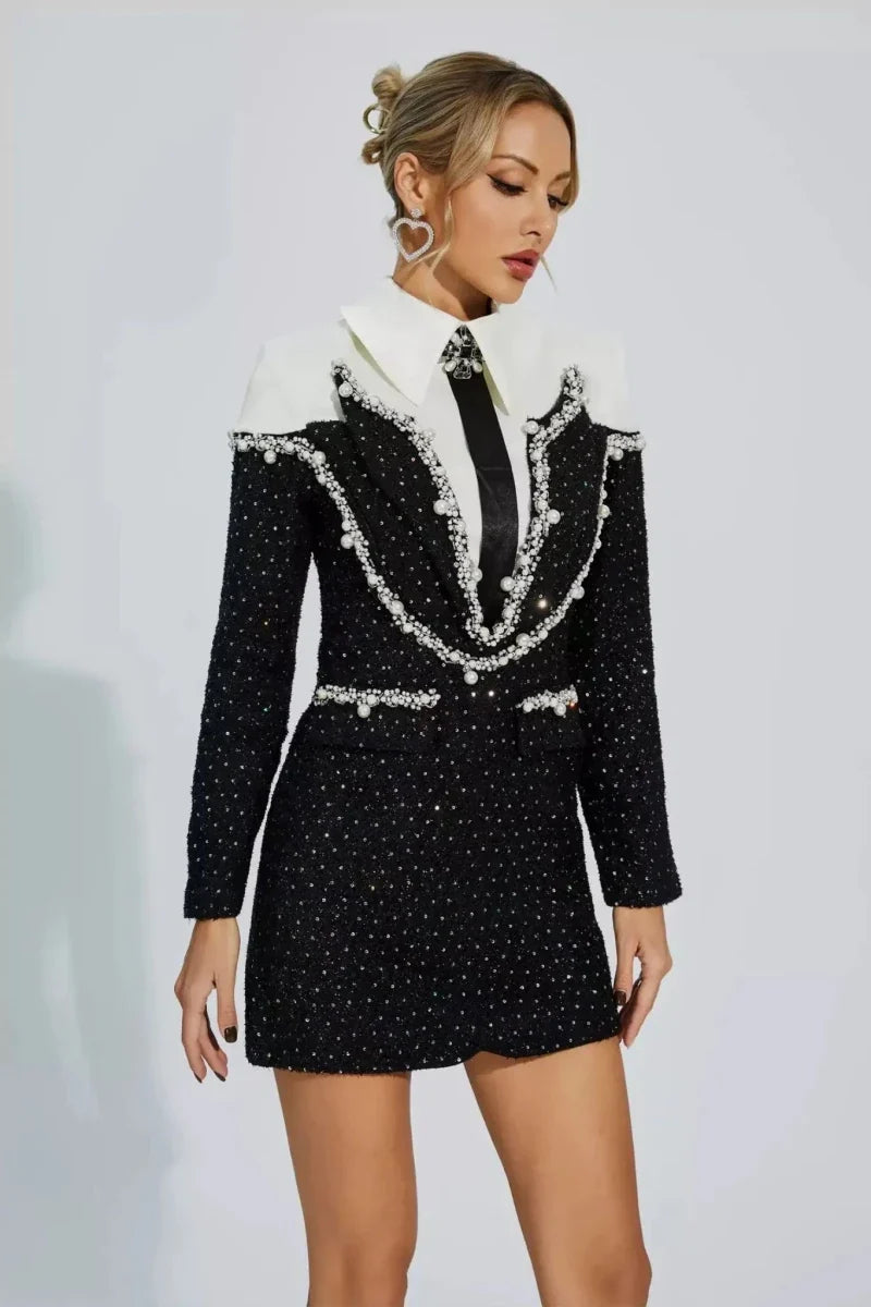 luna – perlenverziertes blazer-kleid mit kragen & glitzer-details