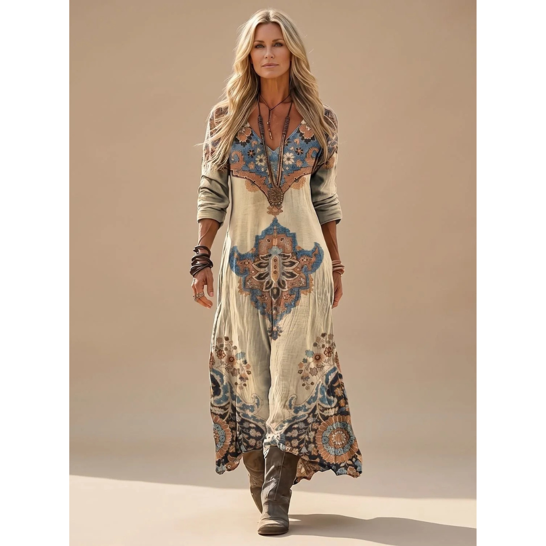 Madeleine | Damen Boho Maxikleid mit Langarm, V Ausschnitt und Vintage Muster