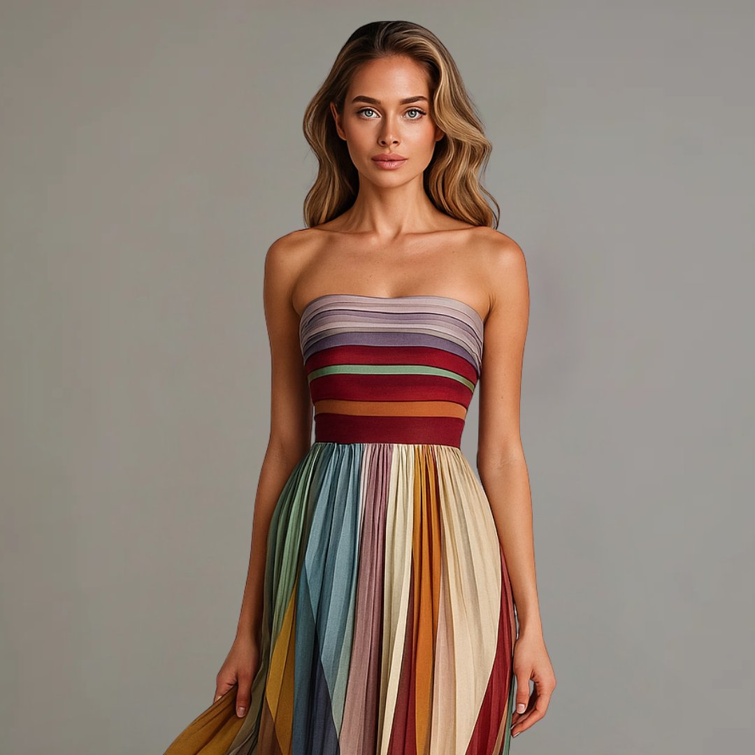 Marlene | Maxi Kleid Chiffon Trägerlos Farbblock Plissiert Abendkleid