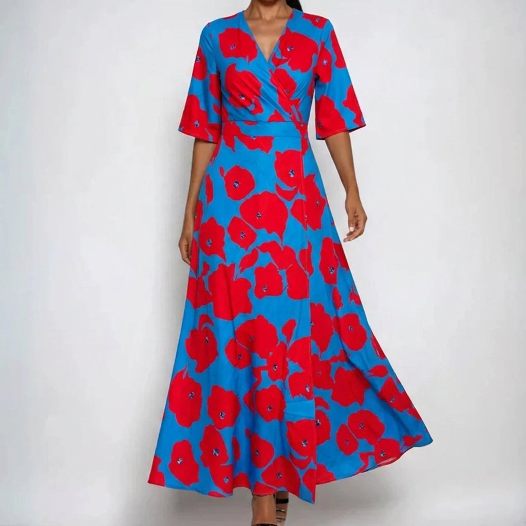 Nora | Maxi Wickelkleid V-Ausschnitt Blumenmuster Gürtel