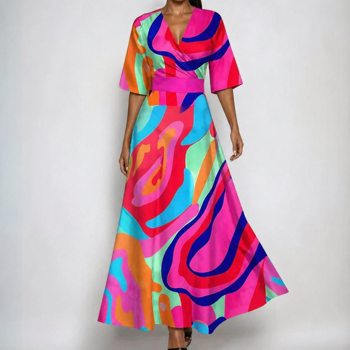 Nora | Maxi Wickelkleid V-Ausschnitt Blumenmuster Gürtel