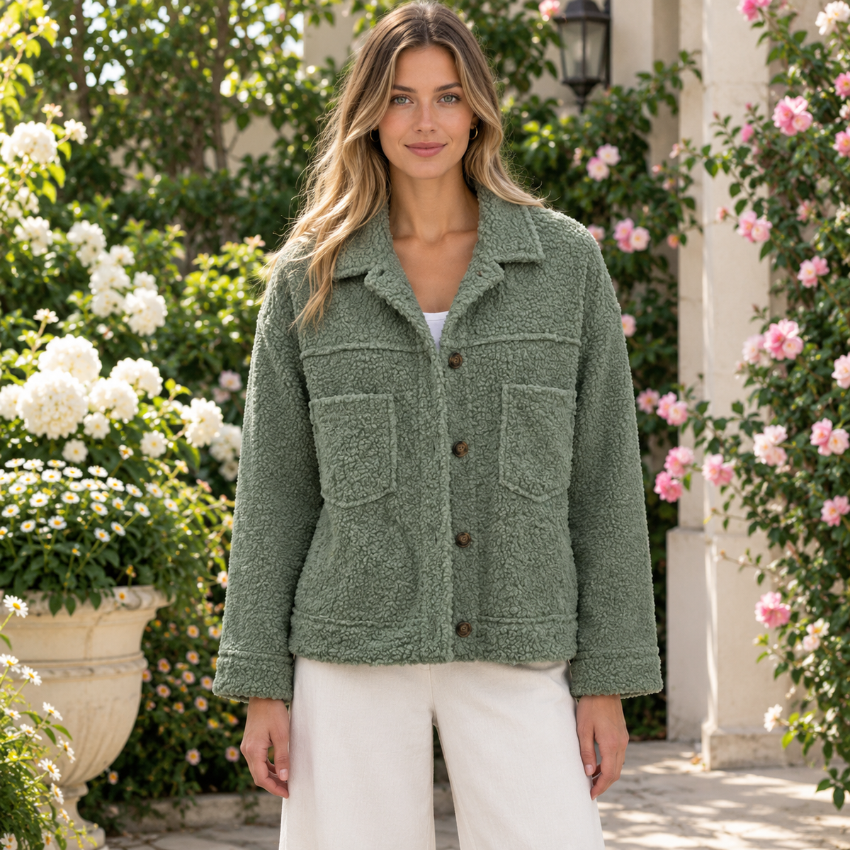 Meike | Damen Teddy Winterjacke mit Kragen, Knöpfen und Taschen