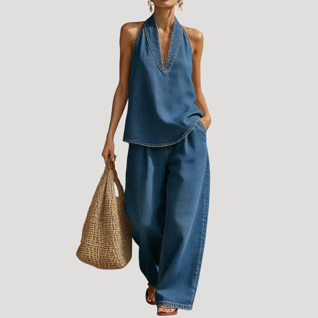 Meret | Damen Neckholder Zweiteiler Set Weite Hose