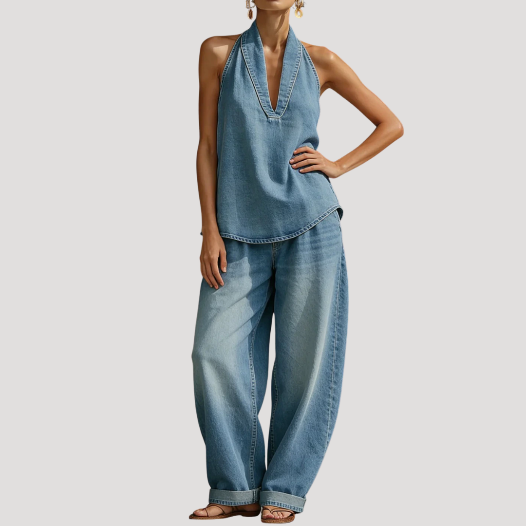 Meret | Damen Neckholder Zweiteiler Set Weite Hose